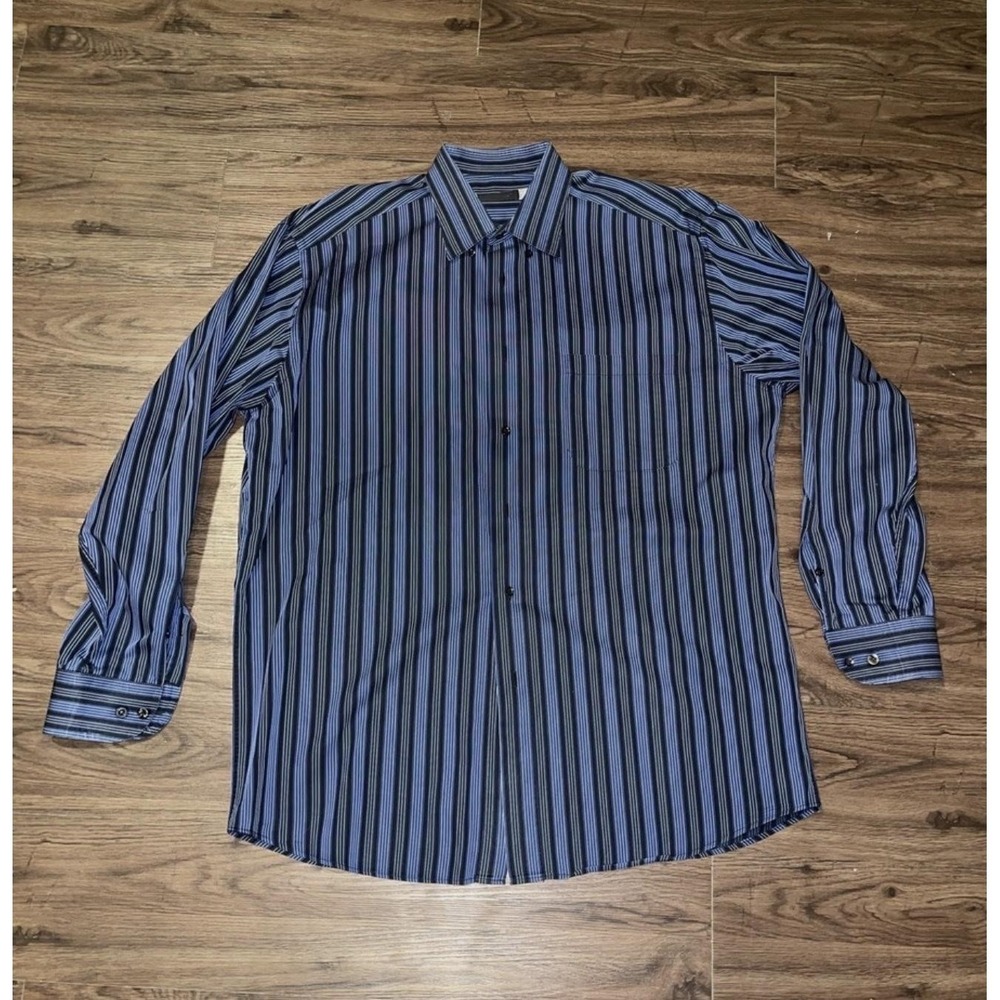 St. Croix Dress Shirt Mens L Blue Stripe Cotton Long Sleeve Pocket Italy